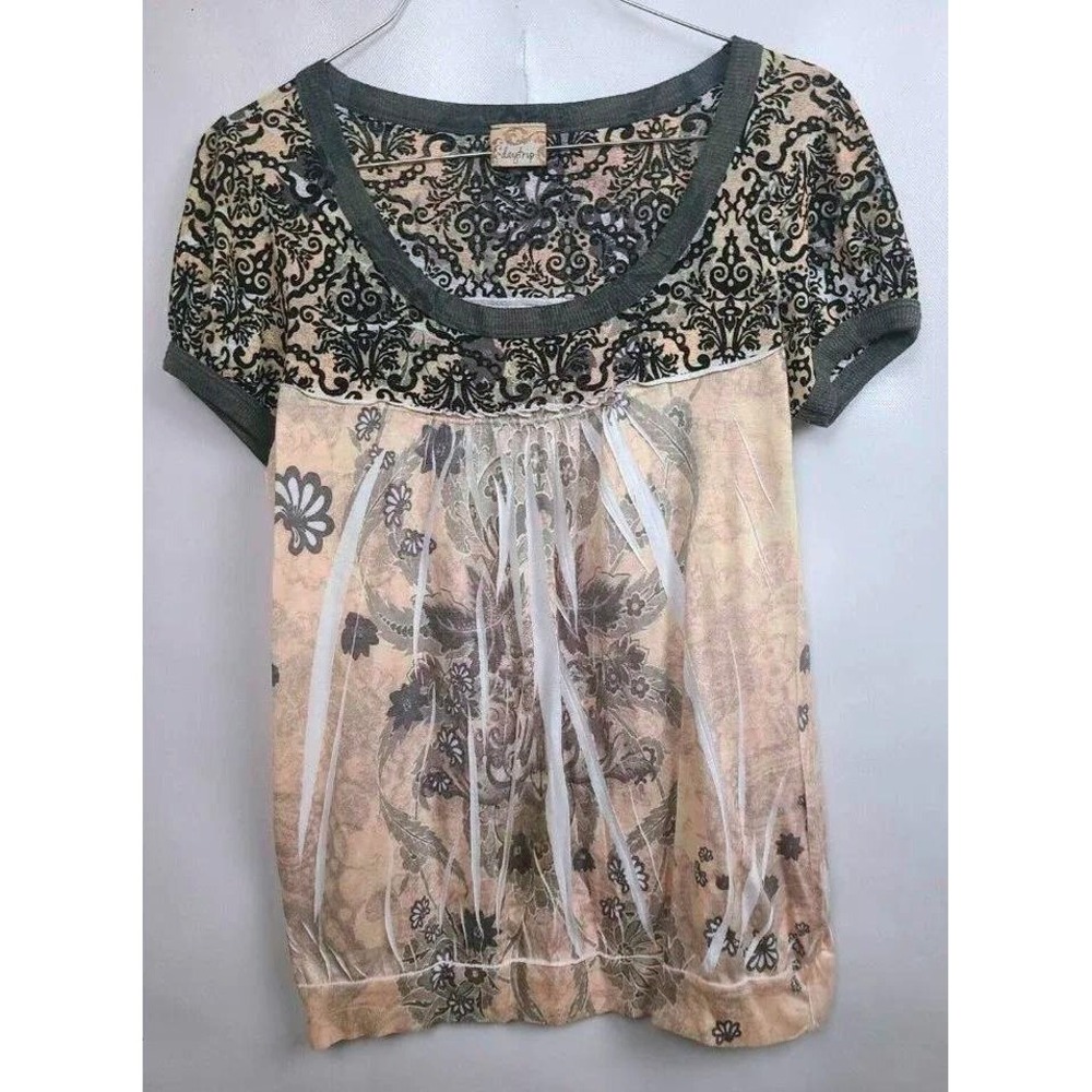 Y2K BOHO Top Womens Medium Tan Gray Damask Floral Short Sleeve